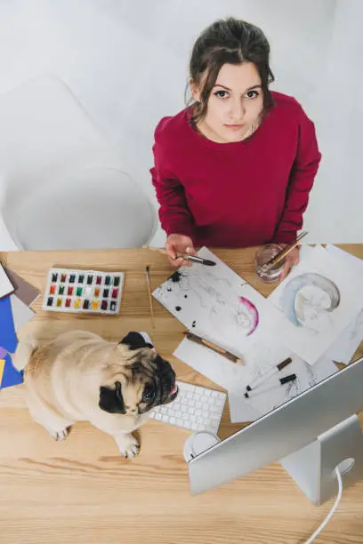 Photo of Attractive young girl working on illustrations with cute pug on working table with computer