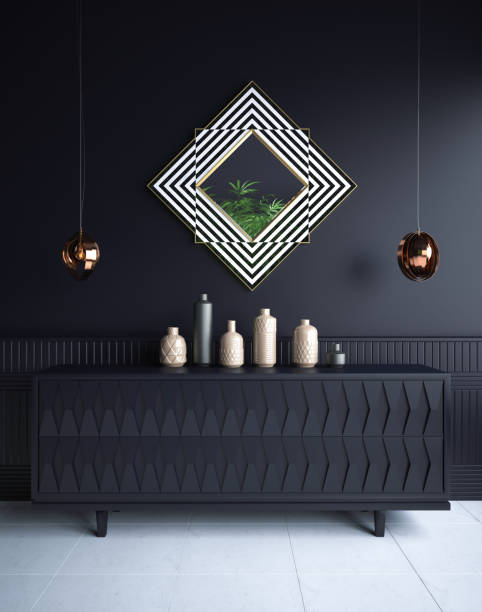 istock Luxury minimalist dark living room interior with commode,vases, chandeliers and mirror 942302532
