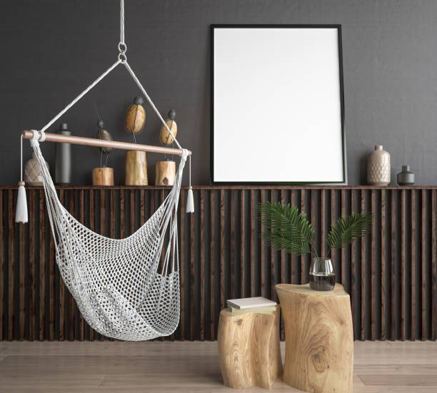 istock Mock up poster frame in hipster style interior background, 3D render 942304674