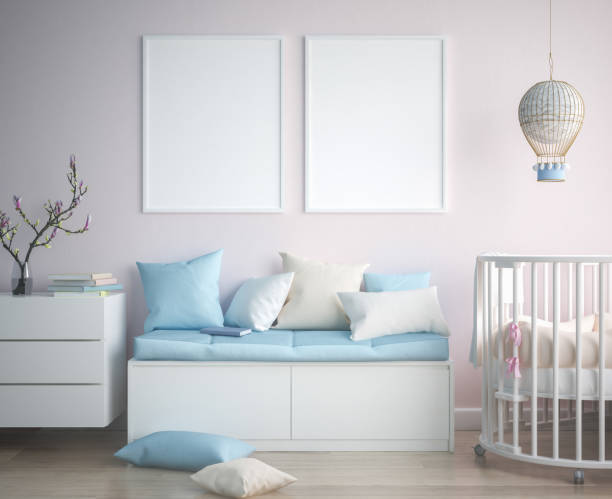 istock Mock up poster frame in children room, scandinavian style interior background 942304686