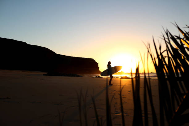 istock Surfer girl in sunset light on the beach 942309722
