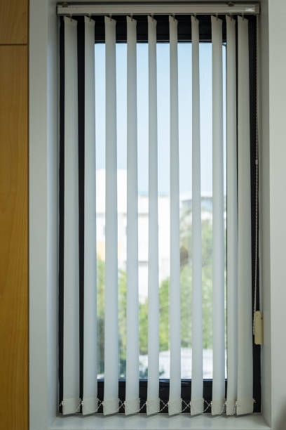 window curtains with sunlight through, interior design, Venetian blinds by the window or blinds window.