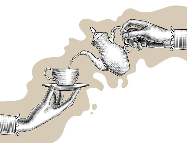 ilustrações de stock, clip art, desenhos animados e ícones de woman's hands with a coffee pot and cup - afternoon tea