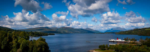 panorama of loch lomond showing ben lomond and the maid of the loch - loch lomond loch ben lomond scotland imagens e fotografias de stock