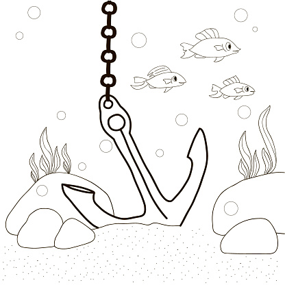 The anchor on the bottom of the sea on the rocks the algae grow and the fish swim to be colored. The coloring page. Coloring book for children