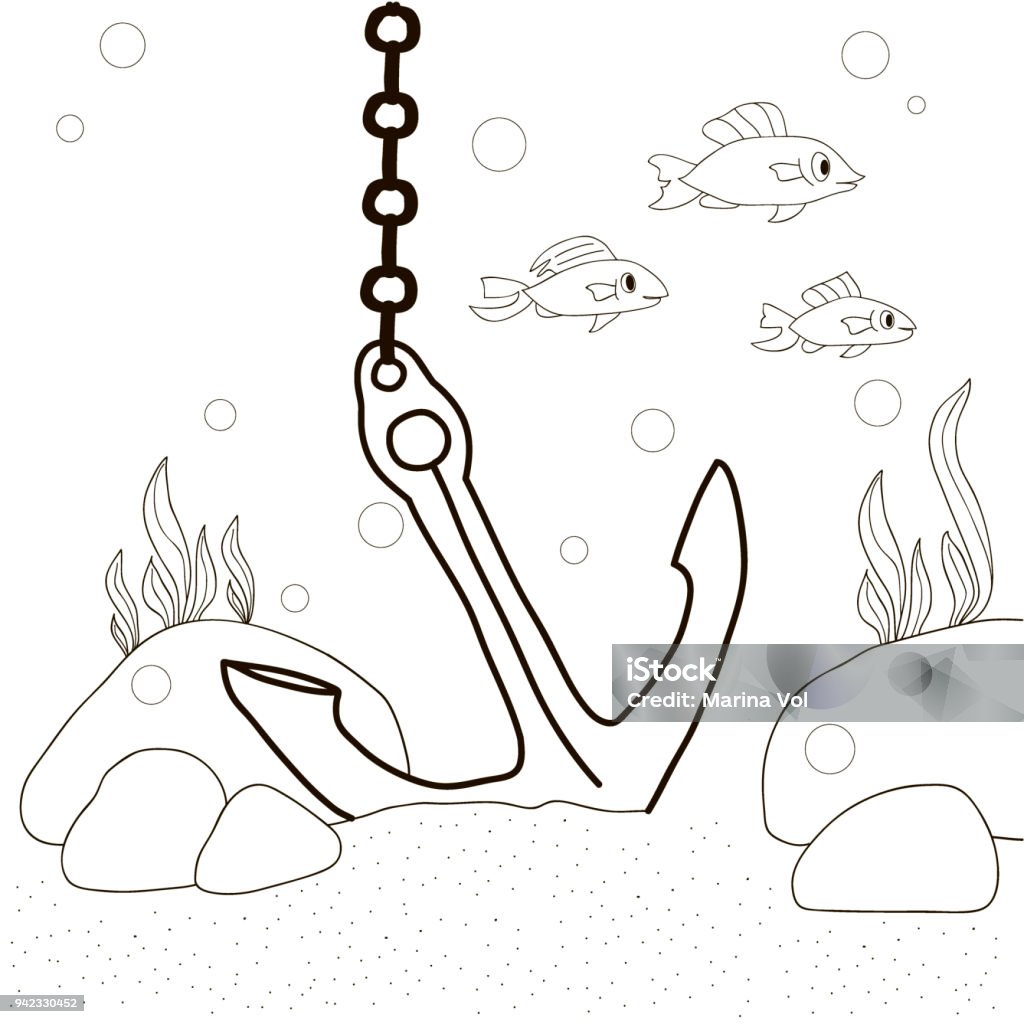 The anchor on the bottom of the sea on the rocks the algae grow and the fish swim to be colored. The coloring page. Coloring book for children Underwater stock vector