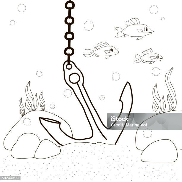 The Anchor On The Bottom Of The Sea On The Rocks The Algae Grow And The Fish Swim To Be Colored The Coloring Page Coloring Book For Children Stock Illustration - Download Image Now