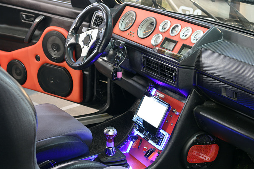 custom car interior with audio system and lcd display