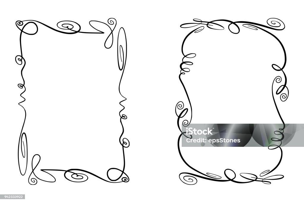Set of Flourish Vector Frames. Collection of Rectangles with squiggles, twirls and embellishments for image and text elements. Hand drawn black highlighting borders isolated on the white background. Doodle effect. Pencil marks. Cartoon style. Geometric Simple doodle, scribble borders, sketch rectangular flourish vector frames, black and white isolated Agricultural Field stock vector