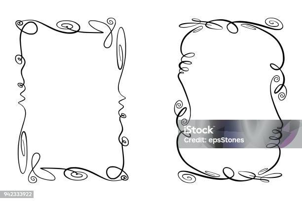 Set Of Flourish Vector Frames Collection Of Rectangles With Squiggles Twirls And Embellishments For Image And Text Elements Hand Drawn Black Highlighting Borders Isolated On The White Background Doodle Effect Pencil Marks Cartoon Style Geometric Stock Illustration - Download Image Now
