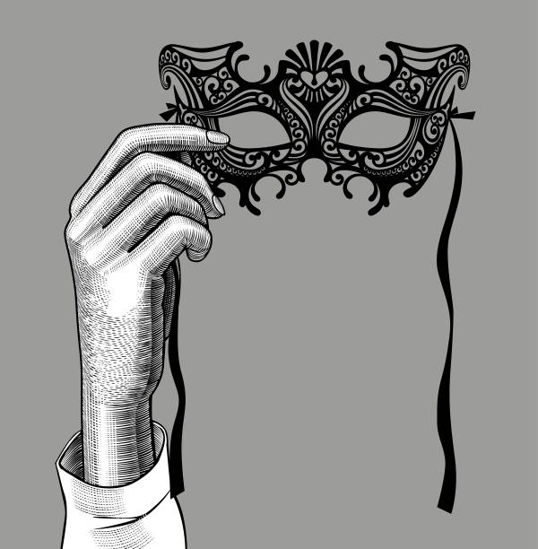 kobieca ręka z ozdobną karnawałową wenecką maską - passion women mystery art stock illustrations