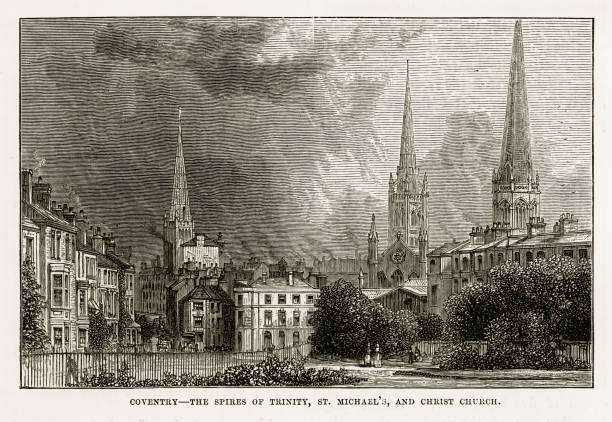 Coventry, Litchfield, Warwickshire, England Victorian Engraving, 1840 Very Rare, Beautifully Illustrated Antique Engraving of Coventry-the spires of Trinity Church, St. Michael’s and Christ Church in Litchfield, Staffordshire, England Victorian Engraving, 1840. Source: Original edition from my own archives. Copyright has expired on this artwork. Digitally restored. facade stock illustrations