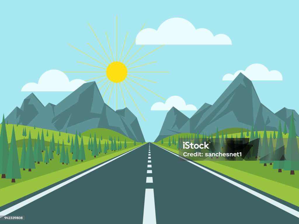 Road to mountains Mountain landscape with hills and trees. Road to mountains. Vector illustration flat style. Road stock vector