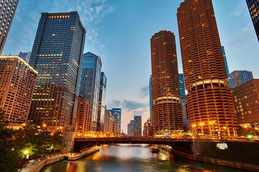 Downtown Chicago River at dusk.