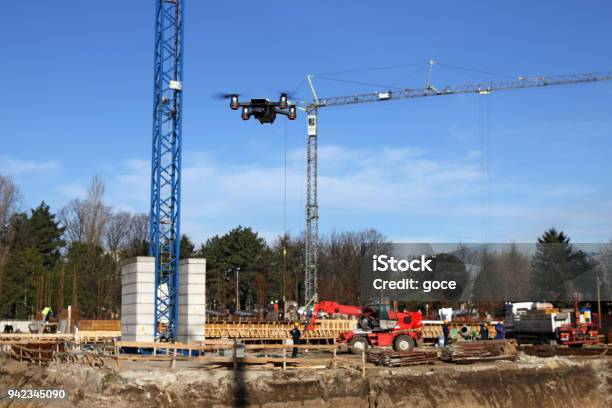 The Drone Flies Over The Construction Site Stock Photo - Download Image Now - Drone, Construction Site, Construction Industry