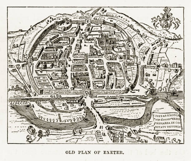 Old Plan of Exeter in Devon, England Victorian Engraving, 1840 Very Rare, Beautifully Illustrated Antique Engraving of Old Plan of Exeter in Devon, England Victorian Engraving, 1840. Source: Original edition from my own archives. Copyright has expired on this artwork. Digitally restored. exeter england stock illustrations