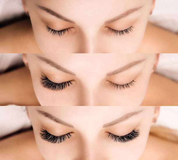Eyelash Extension. Comparison of female eyes before and after Comparison of female eyes before and after eyelash extension false lashes stock pictures, royalty-free photos & images