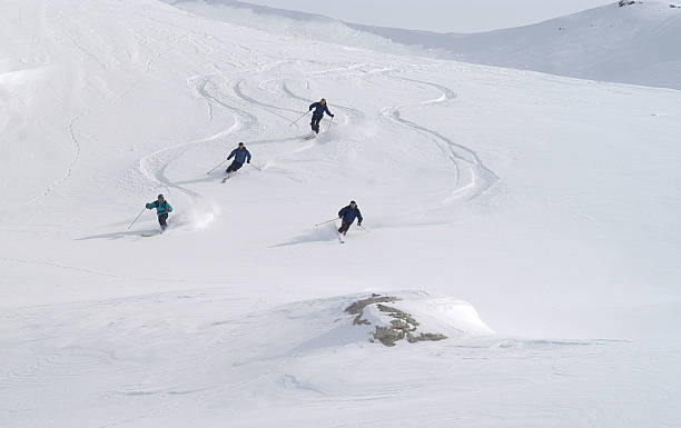 grupo de pessoas em pó de neve - telemark skiing skiing ski moving down - fotografias e filmes do acervo