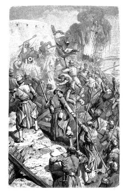 szturm na twierdzę podczas wojny krymskiej ,francuski atak na malakoff 8 września 1855 roku. - 1855 stock illustrations