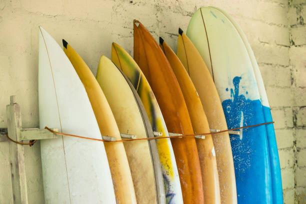 istock Set of different color surf boards in a stack by ocean.Bali,Indo 942365498