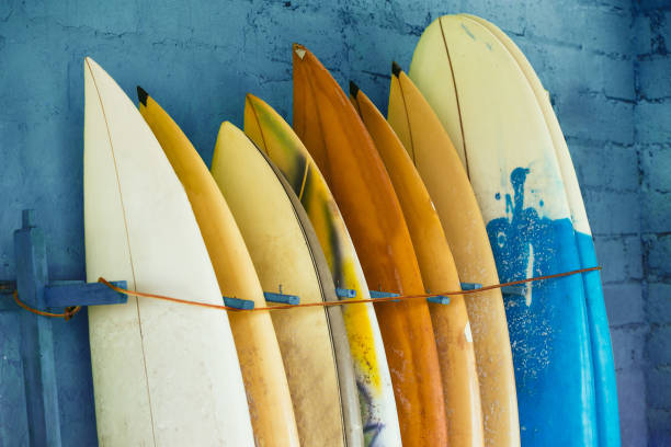 istock Set of different color surf boards in a stack by ocean.Bali,Indo 942365688