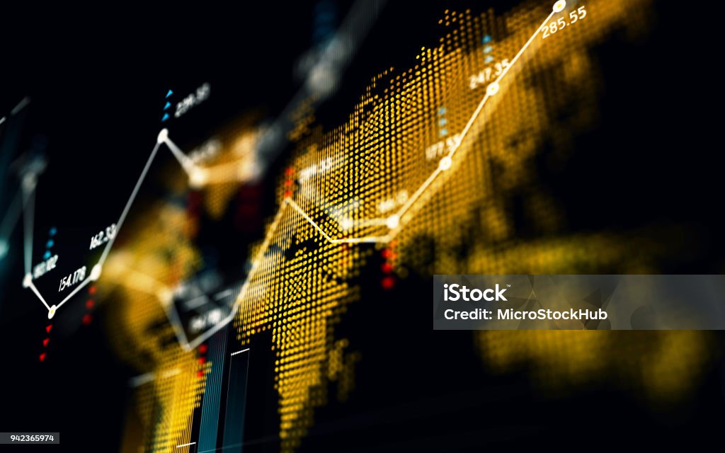 Financial and Technical Data Graph Over World Map Financial data analysis graph over world map. Horizontal composition with selective focus and copy space. Global Finance Stock Photo