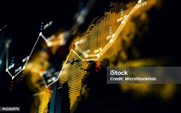 Financial And Technical Data Graph Over World Map Stock Photo - Download Image Now - Global Finance, Stock Market and Exchange, Investment