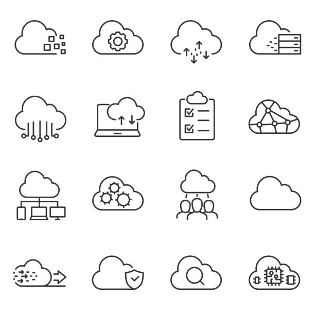 komputasi awan dan penyimpanan kumpulan ikon data. baris dengan goresan yang dapat diedit - awan ilustrasi stok