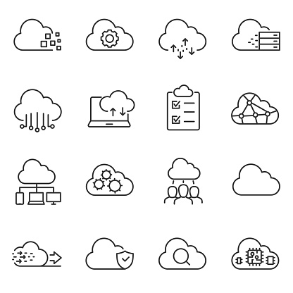 Cloud computing and storage of data icons set. linear style. Line with Editable stroke