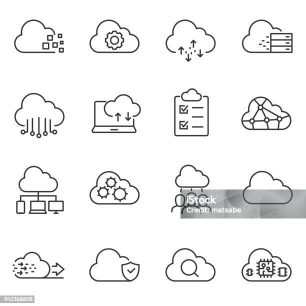 Cloud Computing And Storage Of Data Icons Set Line With Editable Stroke Stock Illustration - Download Image Now