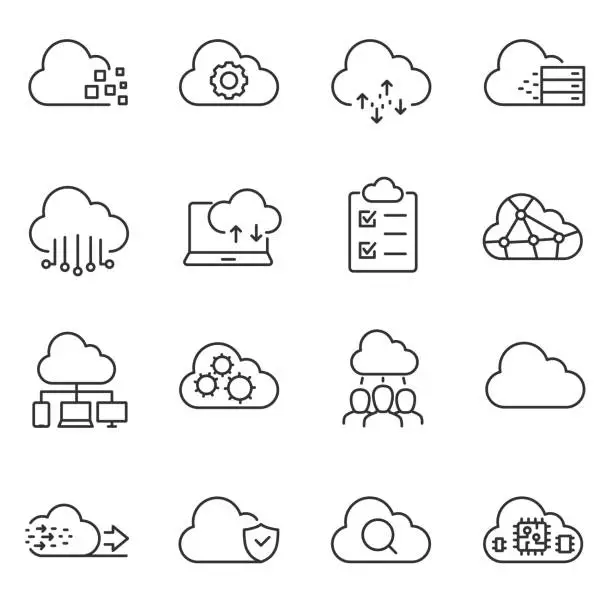 Vector illustration of Cloud computing and storage of data icons set. Line with Editable stroke