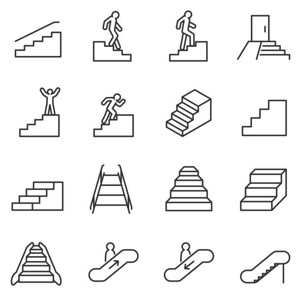 ilustraciones, imágenes clip art, dibujos animados e iconos de stock de conjunto de iconos de escalera. línea con el movimiento editable - escalera