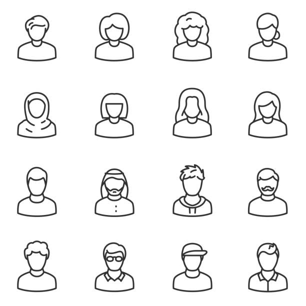 ilustraciones, imágenes clip art, dibujos animados e iconos de stock de conjunto de iconos de avatares masculinos y femeninos. pueblos. línea con el movimiento editable - peinados fáciles para el trabajo