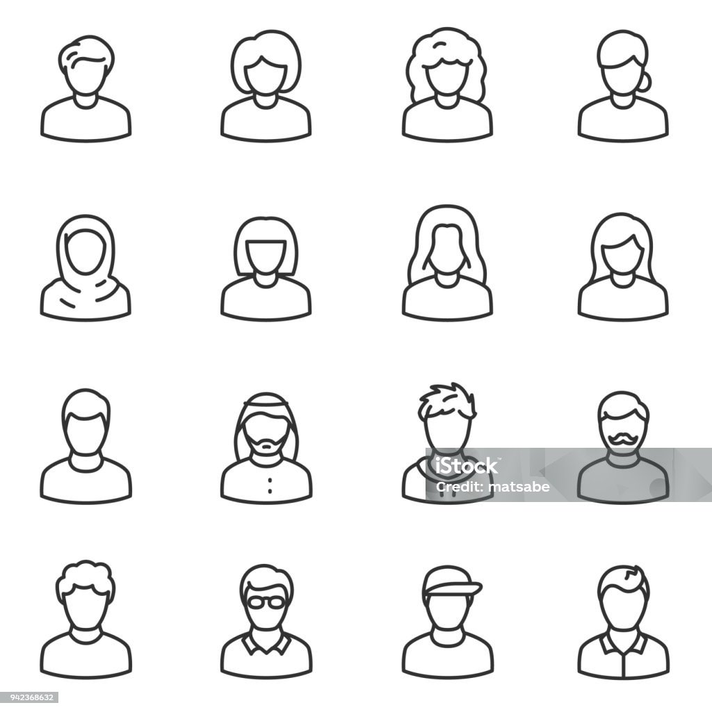 Male and female avatars icon set. Peoples. Line with editable stroke Male and female avatars icon set. Peoples linear design. Collection of different icons. Line with editable stroke Icon Symbol stock vector