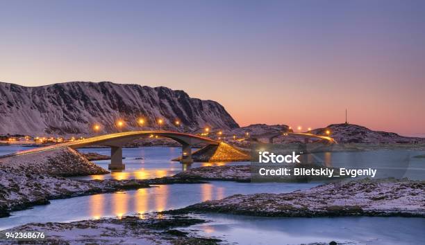 Bridge And High Mountains During Sunset Natural Landscape In The Norway Stock Photo - Download Image Now