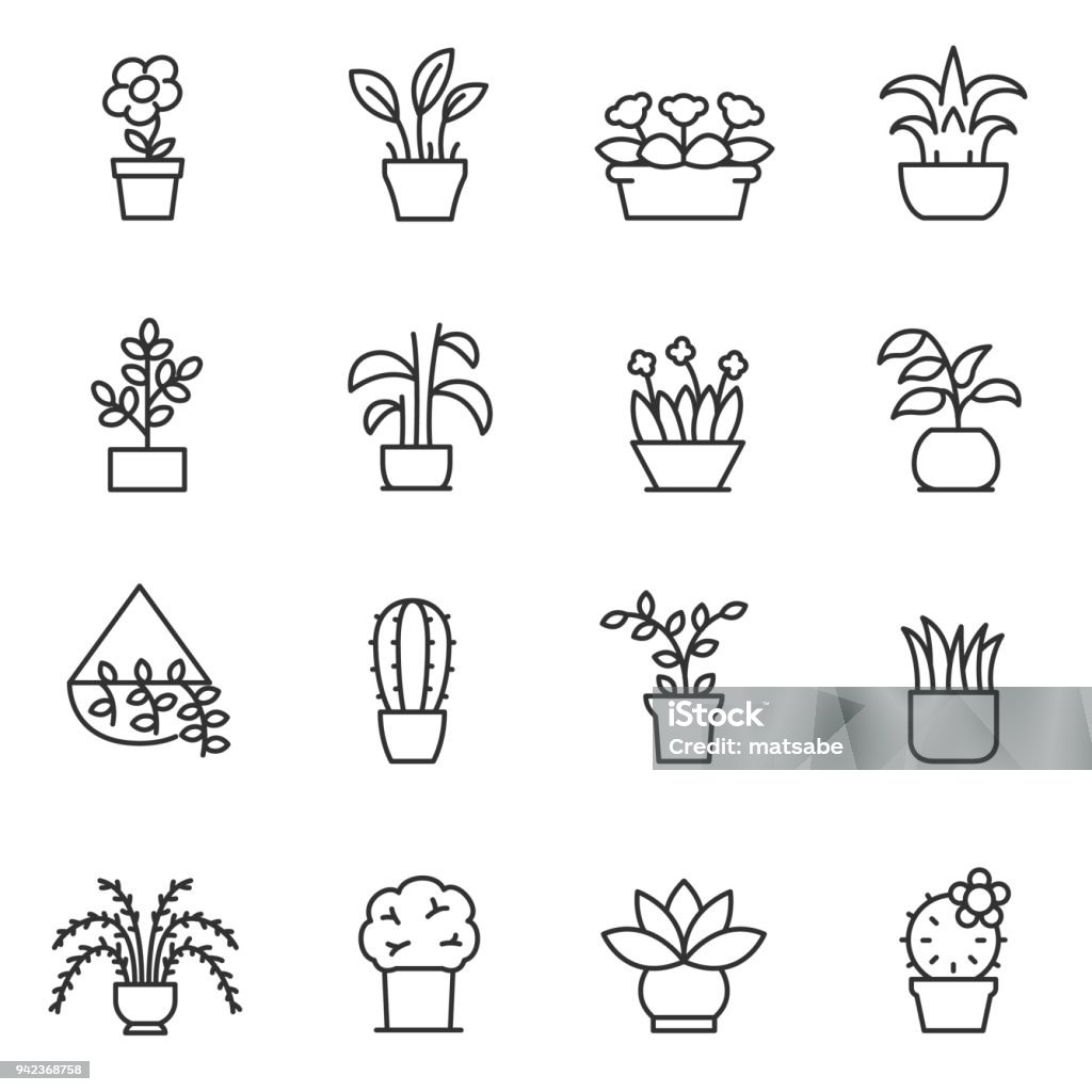 House plants icon set. Flower in pot. Line with editable stroke House plants icon set. Flower in pot linear design. Line with editable stroke Icon Symbol stock vector