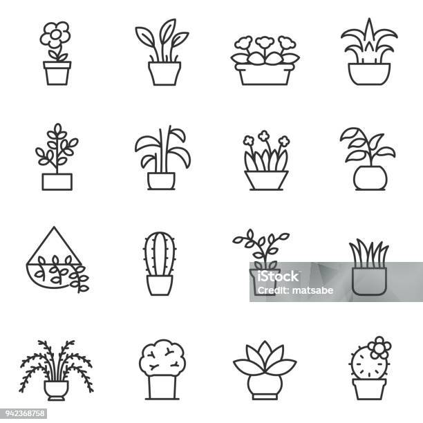 House Plants Icon Set Flower In Pot Line With Editable Stroke Stock Illustration - Download Image Now