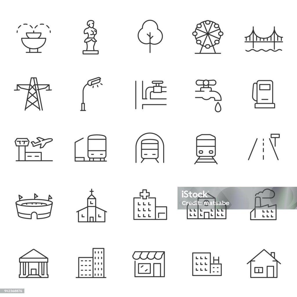 infrastructure and city elements icon set. Line with editable stroke infrastructure and city elements icon set. linear design. Line with editable stroke Icon Symbol stock vector