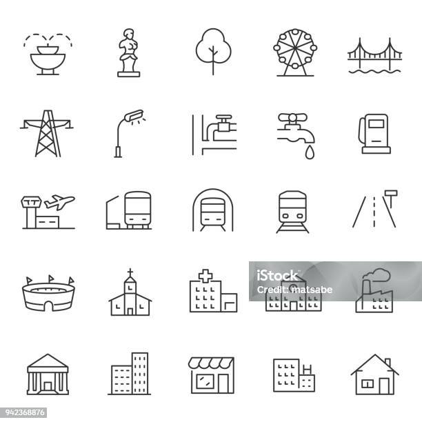 Infrastructure And City Elements Icon Set Line With Editable Stroke Stock Illustration - Download Image Now