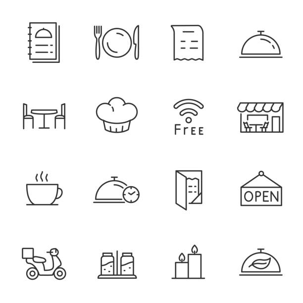 레스토랑, 아이콘 설정합니다. 편집 가능한 획 선 - restaurant symbol stock illustrations