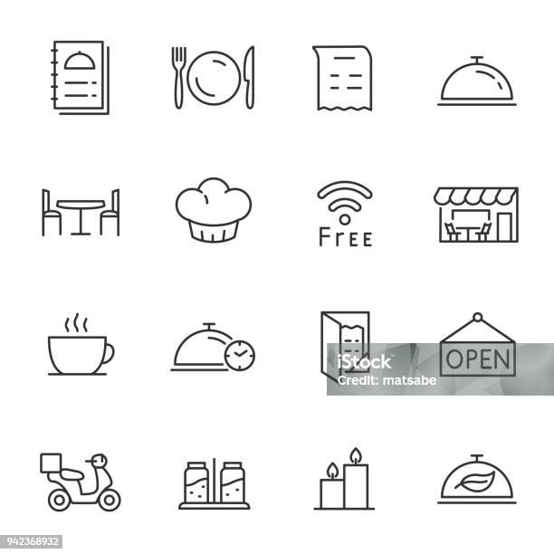 Restaurant Icons Set Line With Editable Stroke Stock Illustration - Download Image Now - Icon Symbol, Menu, Restaurant