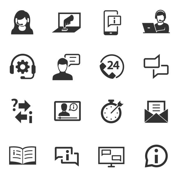 Support service. Monochrome icons set. Assistance in technical and other matters Support service. Monochrome icons set. Assistance in technical and other matters, simple symbols collection in the middle of nowhere stock illustrations