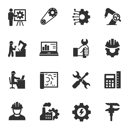 Engineering. Monochrome icons set. Engineer, simple symbols collection