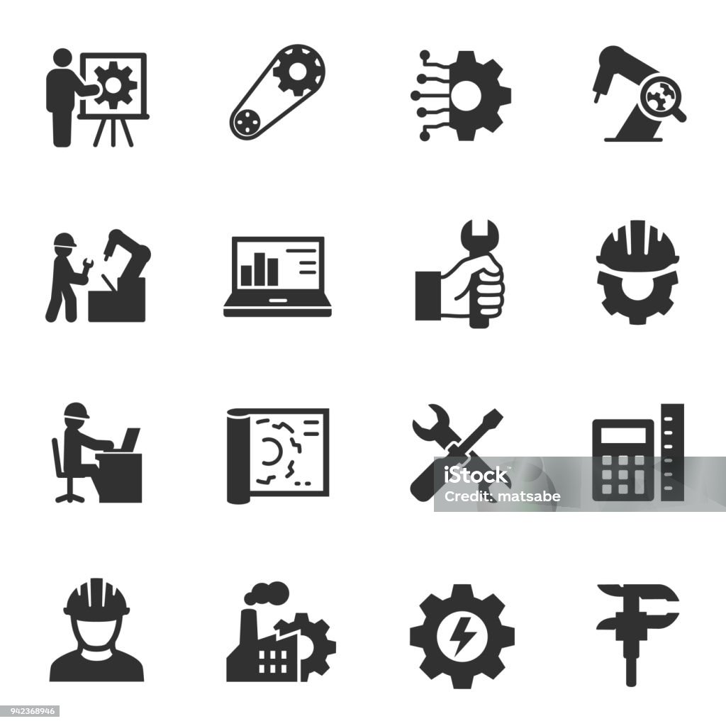 Engineering. Monochrome icons set. Engineering. Monochrome icons set. Engineer, simple symbols collection Icon Symbol stock vector