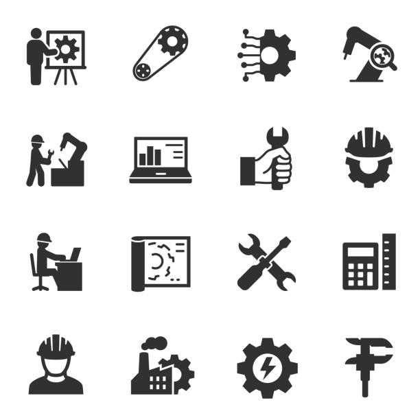 Engineering. Monochrome icons set. Engineering. Monochrome icons set. Engineer, simple symbols collection manufacturing stock illustrations
