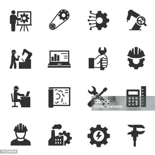 Engineering Monochrome Icons Set Stock Illustration - Download Image Now - Icon Symbol, Construction Industry, Manufacturing