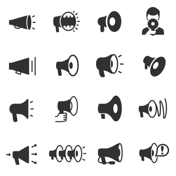 ilustrações de stock, clip art, desenhos animados e ícones de megaphone. monochrome icons set. megaphones of various shapes - comentador apresentador