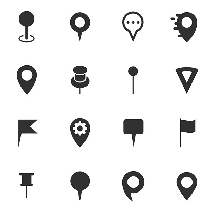 Map pin marker. Monochrome icons set. Pointers , simple symbols collection