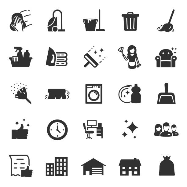 Cleaning service icons set. services for cleaning and laundry Cleaning service. Monochrome icons set. services for cleaning and laundry , simple symbols collection bucket and sponge stock illustrations