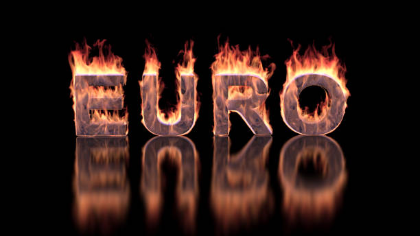 istock Euro text burning in flames on the glossy surface, financial illustration background 942369134
